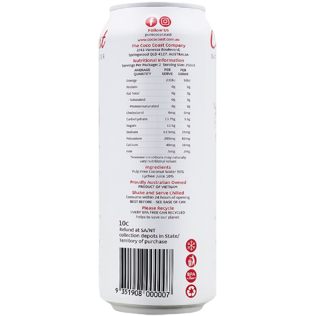 Cococoast Natural Coconut Water Lychee 500mL