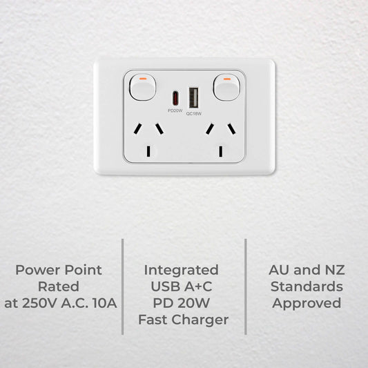 Deta Double Power Point with USB A+C - White