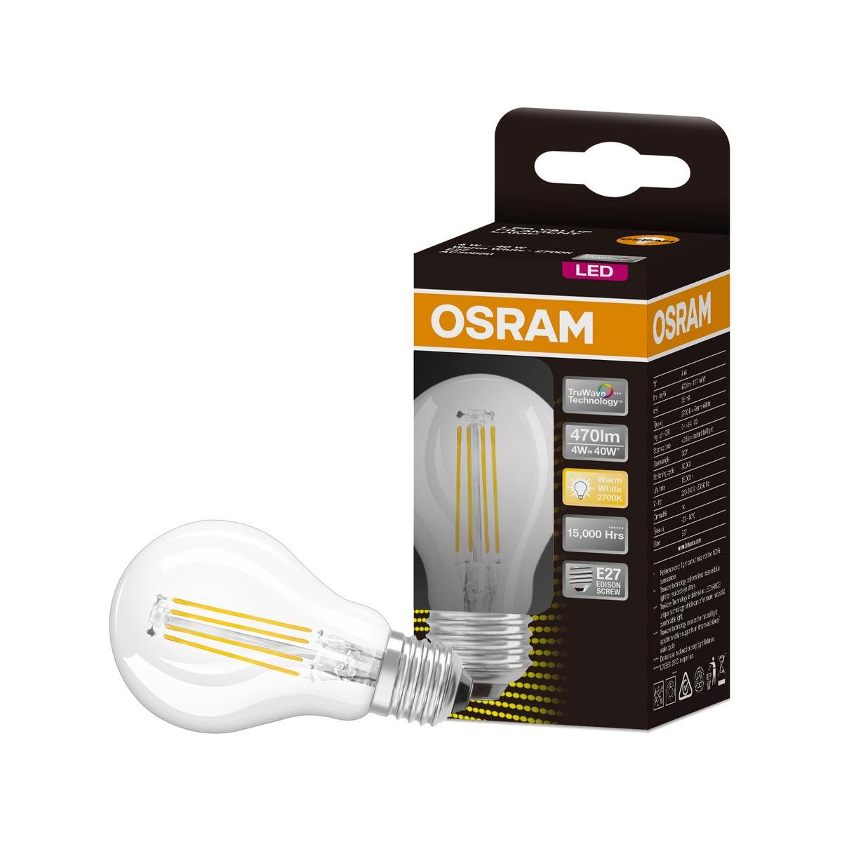 Osram 4W E27 Warm White Filament LED Light Globe 470lm 3000K