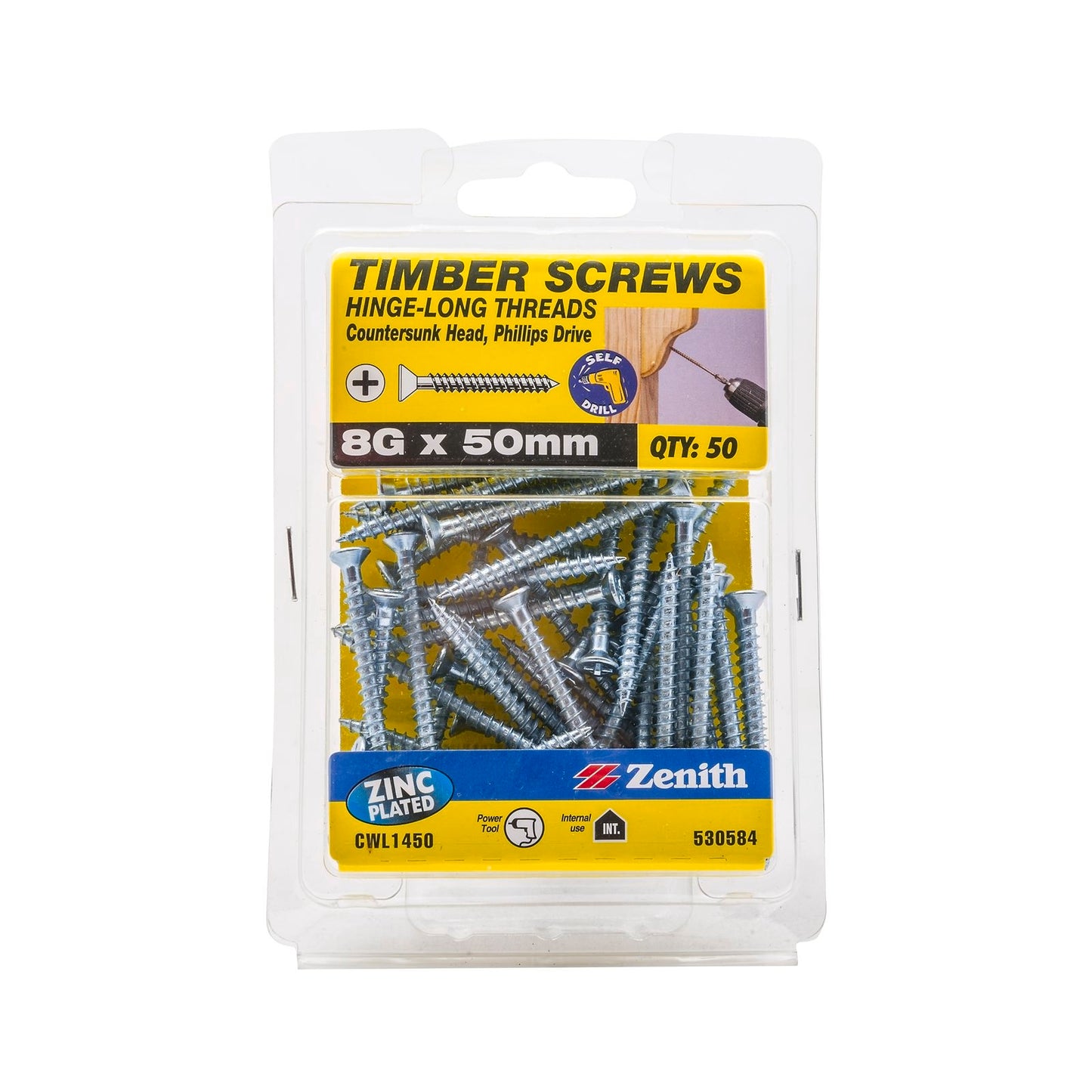 Zenith Hinge Long Thread Screw - 8g x 50mm - Zinc - 50 Pack