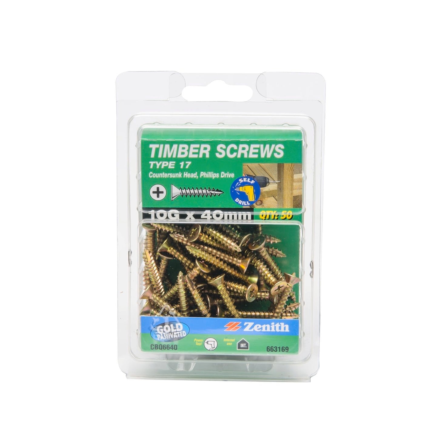 Zenith Gold Passivated Type 17 Countersunk Timber Screws - 10g x 40mm - 50 Pack