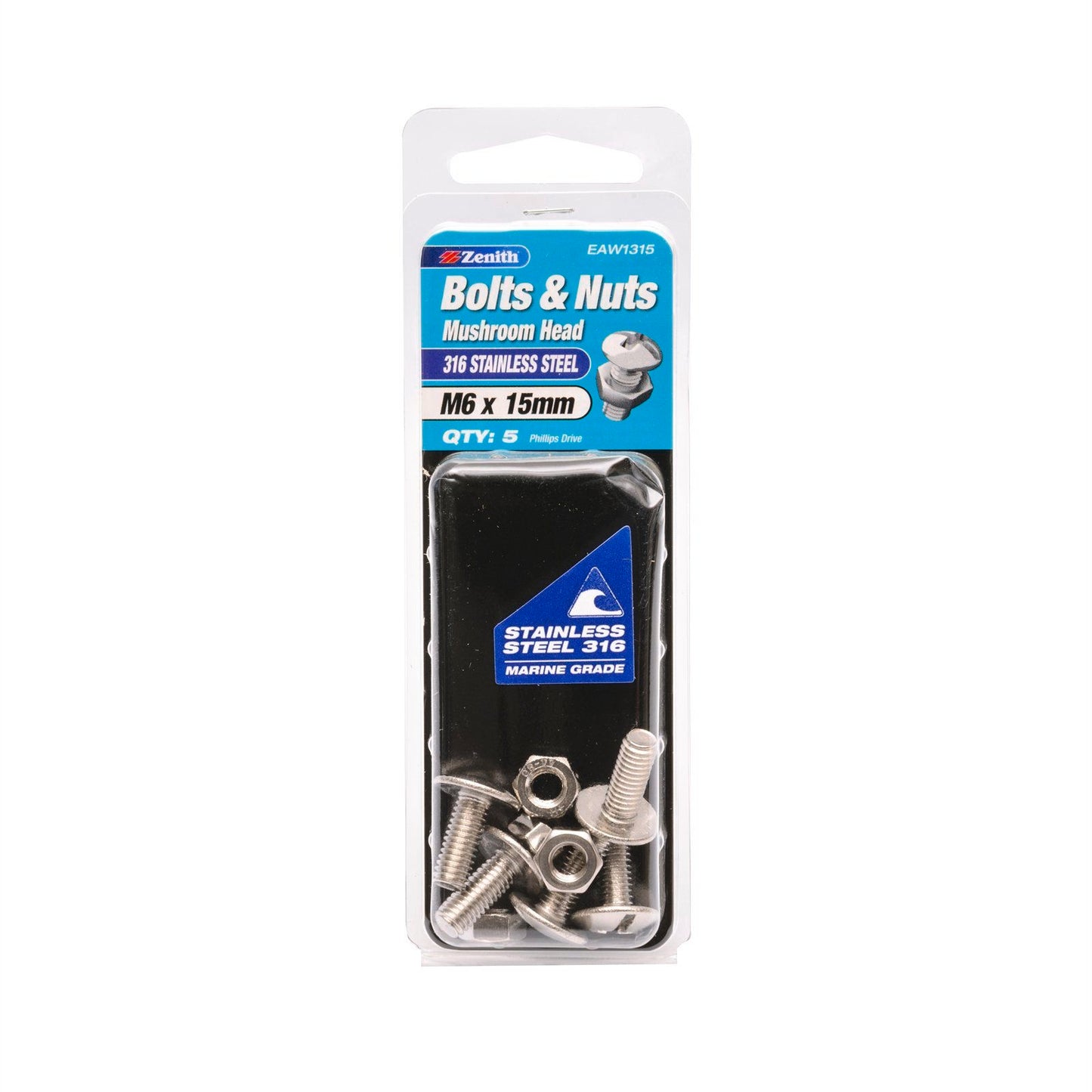 Zenith M6 x 15mm - 316 Stainless Steel Mushroom Head Bolt & Nut - 5 Pack