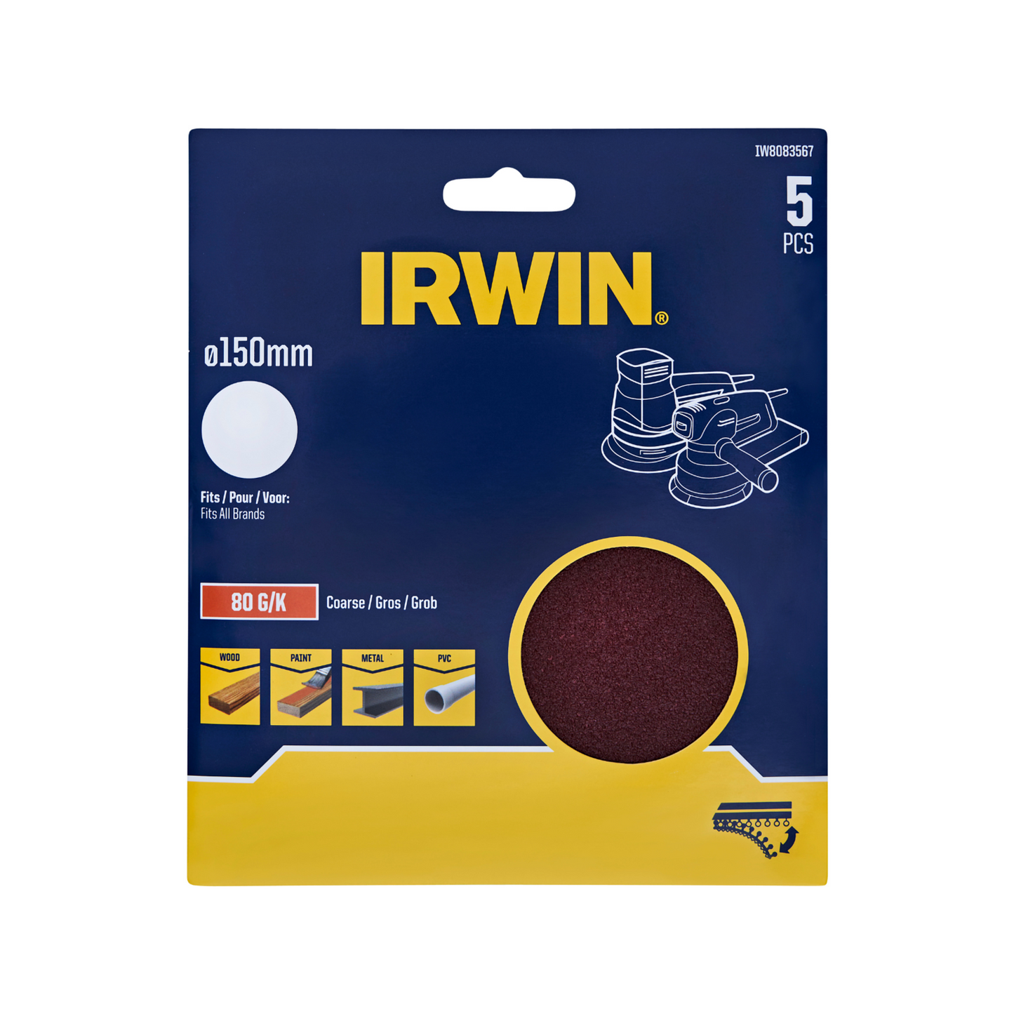 Irwin Quick Fit Random Orbital Sanding Discs - 150mm - 80 Grit - 5 Pack