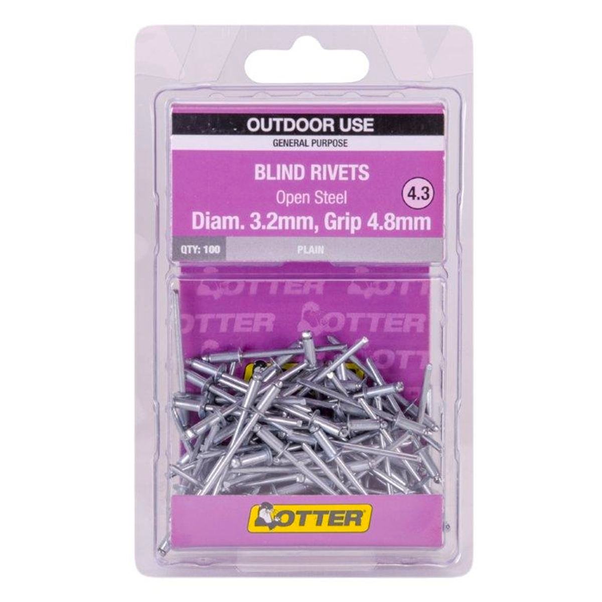 Otter Open Steel Blind Rivets 8mm 100 Pack High Strength Zinc Plated