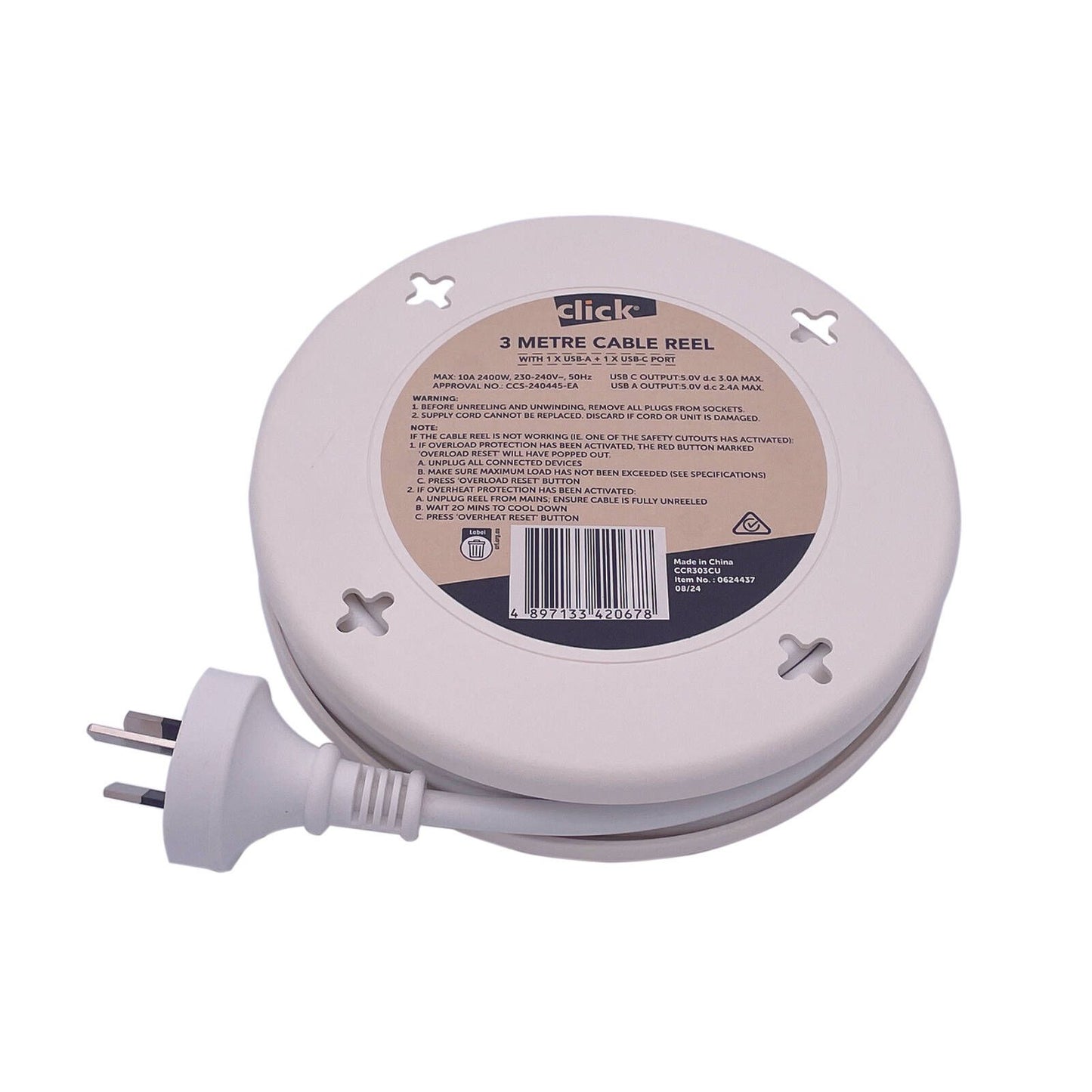 Click Cable Reel With USB Charger - 3m