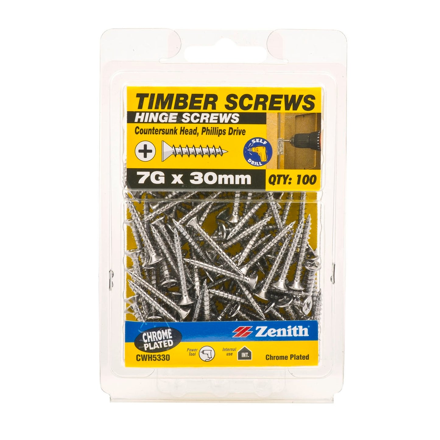 Zenith Timber Screws - 7g x 30mm - Chrome - 100 Pack