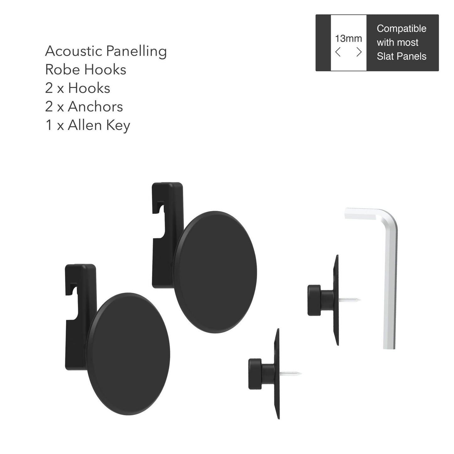 Mode Acoustic Panelling Robe Hooks - 75 x 93mm - Black - 2 Pack