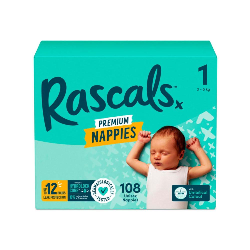 Rascals Premium Nappies Size 1 (3-5kg) - 108 Pack
