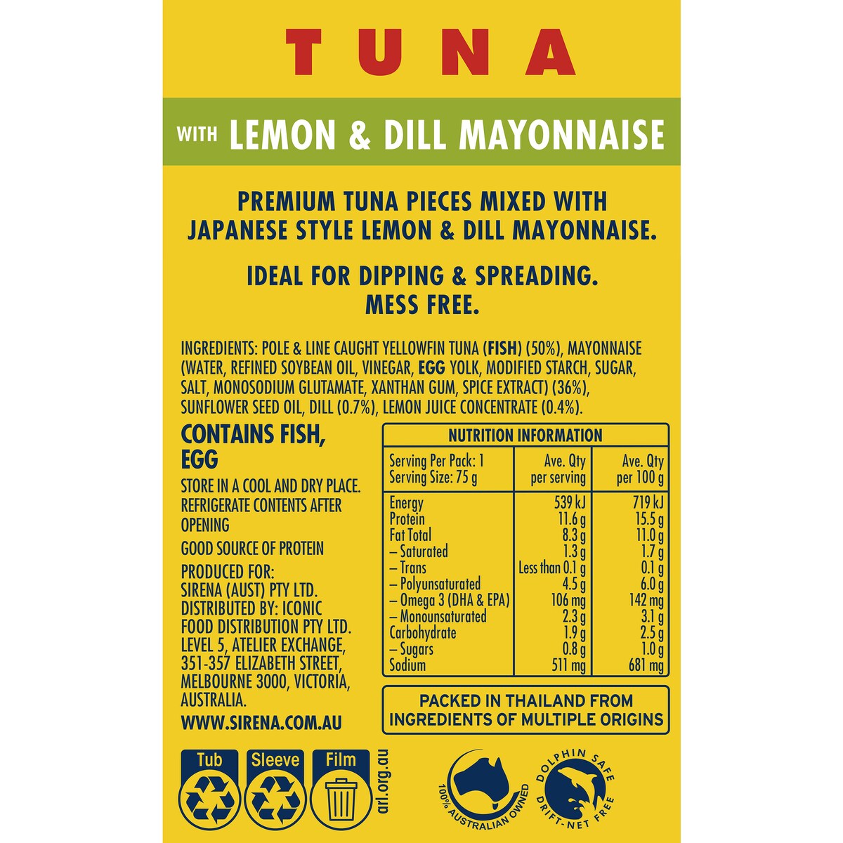 Sirena Tuna Lemon & Dill Mayo Snacking 75g
