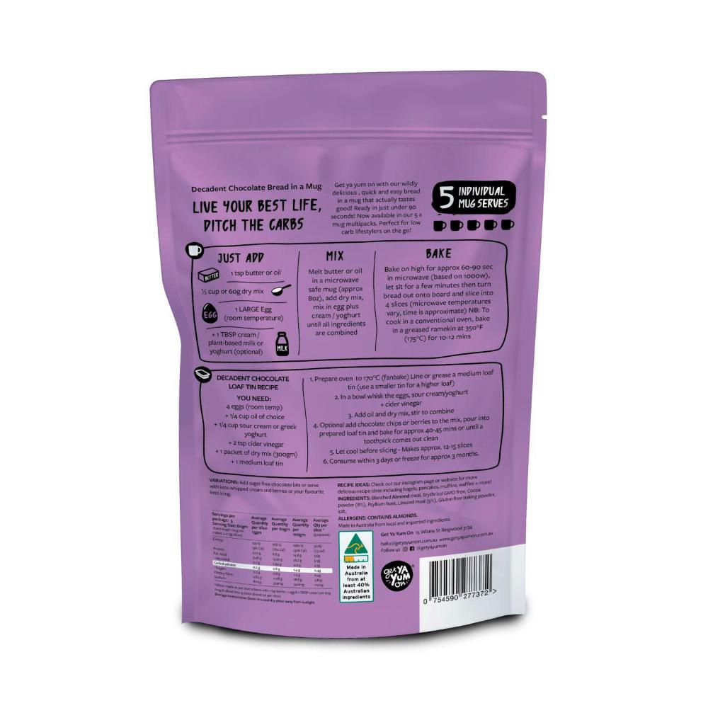 Get Ya Yum On 90 Sec Keto Bread In A Mug Mix - 5xmug Serves - Decadent Choc ... 300g