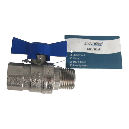 Enduraseal Ball Valve - Chrome Finish, 15mm, Male & Female, Butterfly Handle
