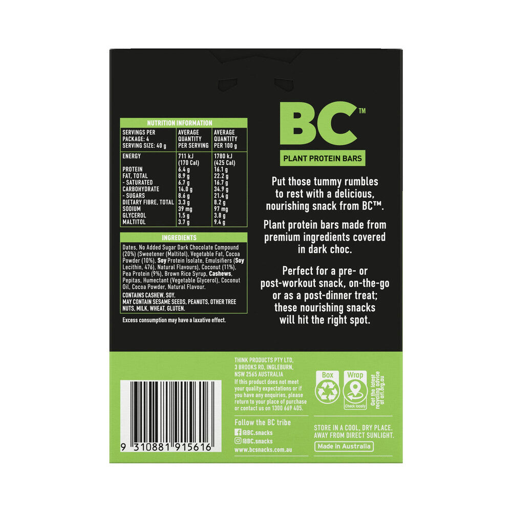 BC Snacks Plant Protein Bar Dark Choc Coconut 6 (4 x 40g) - 160g