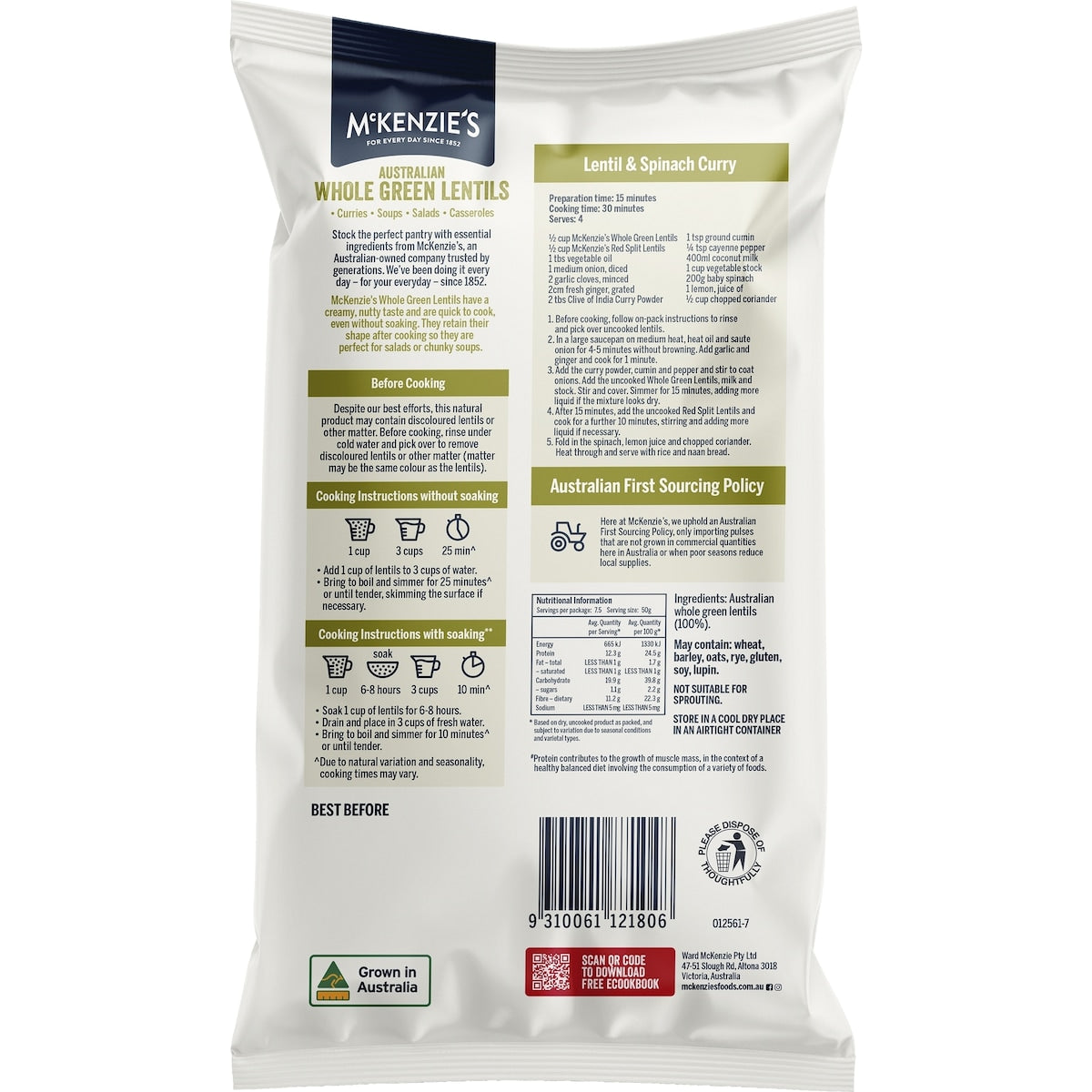McKenzies Lentils Whole Green 375g