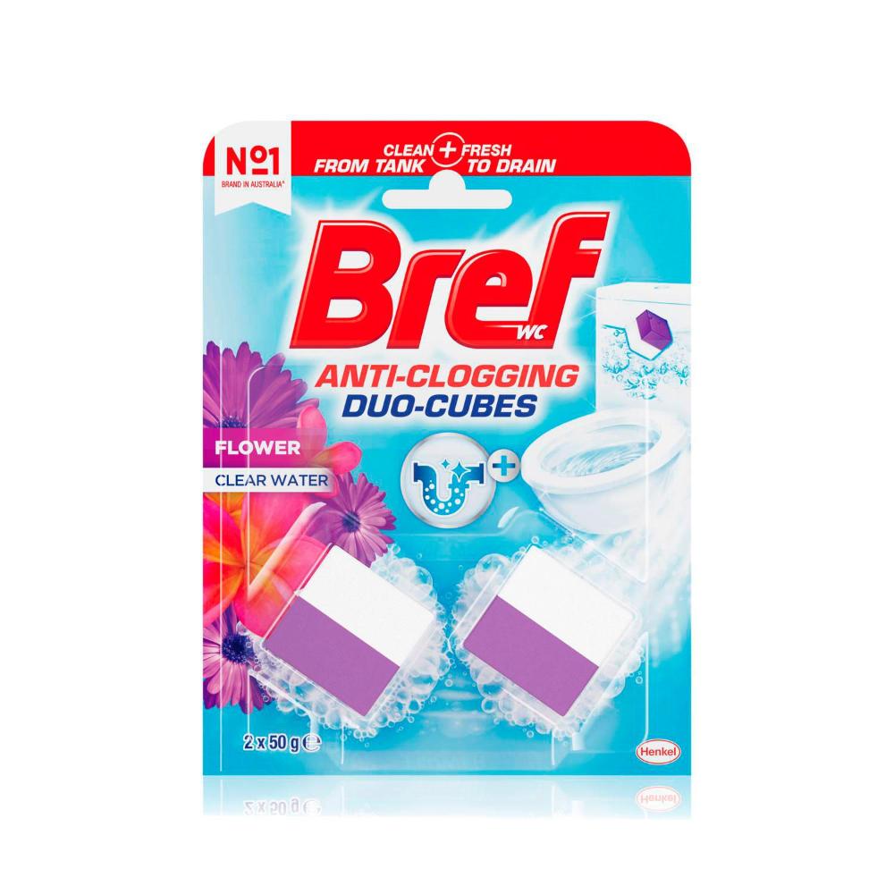Bref Duo Cubes Clear Water Toilet Cleaner In- Cistern Block Flower 2x50g - 100g