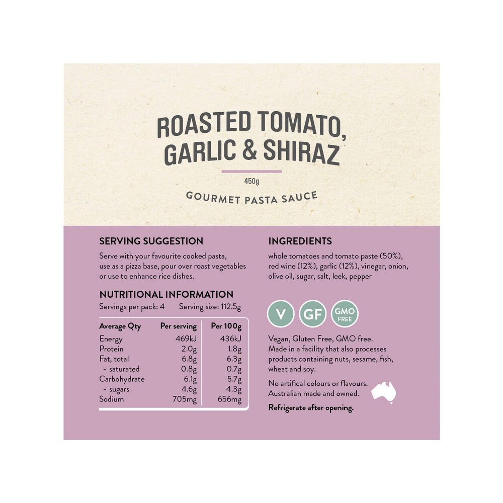Rare Bear Roasted Tomato Garlic & Shiraz Pasta Sauce - 450g