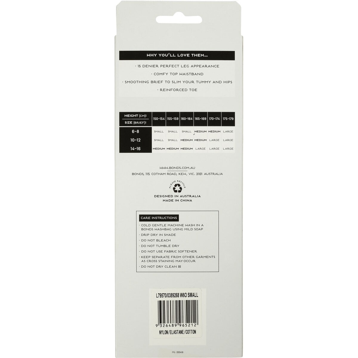 Bonds Comfy Tops Slimming Sheer Tights Black Sml Each