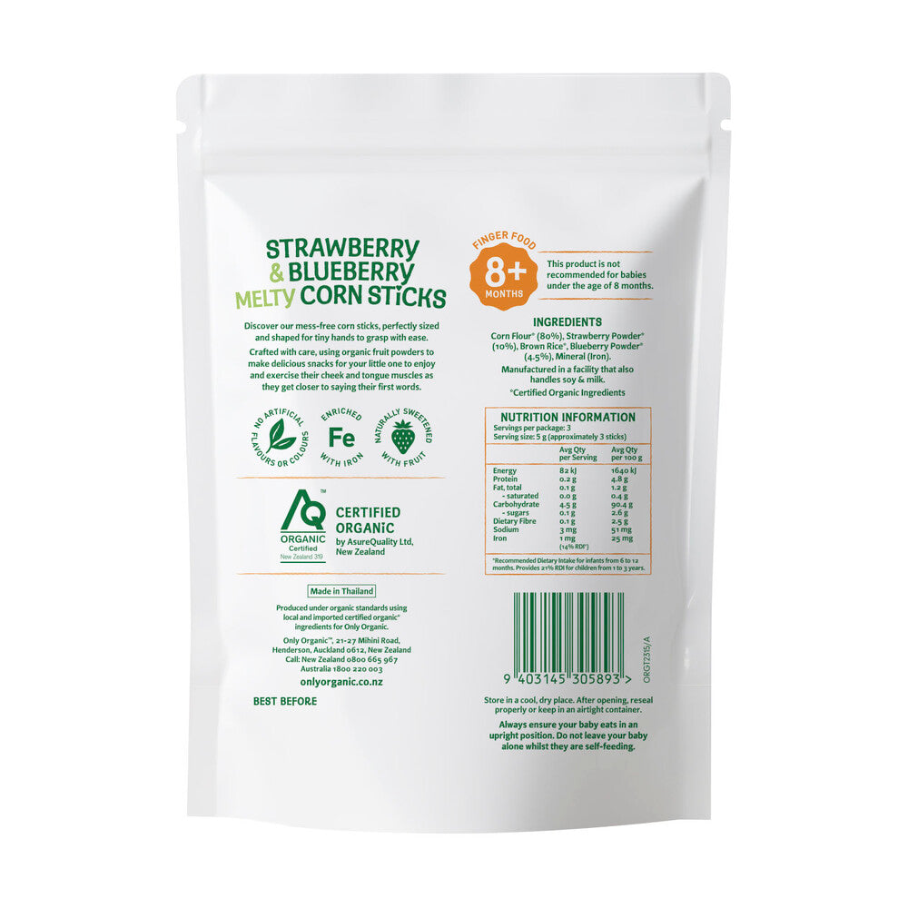 Only Organic 8 Months+ Blueberry & Strawberry Corn Sticks - 15g