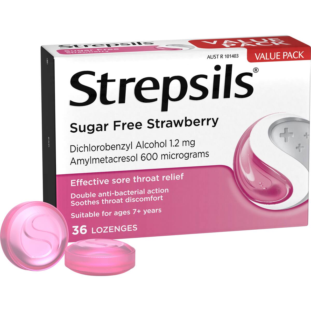 Strepsils Sore Throat Sugar Free Strawberry Lozenges 36 Pack