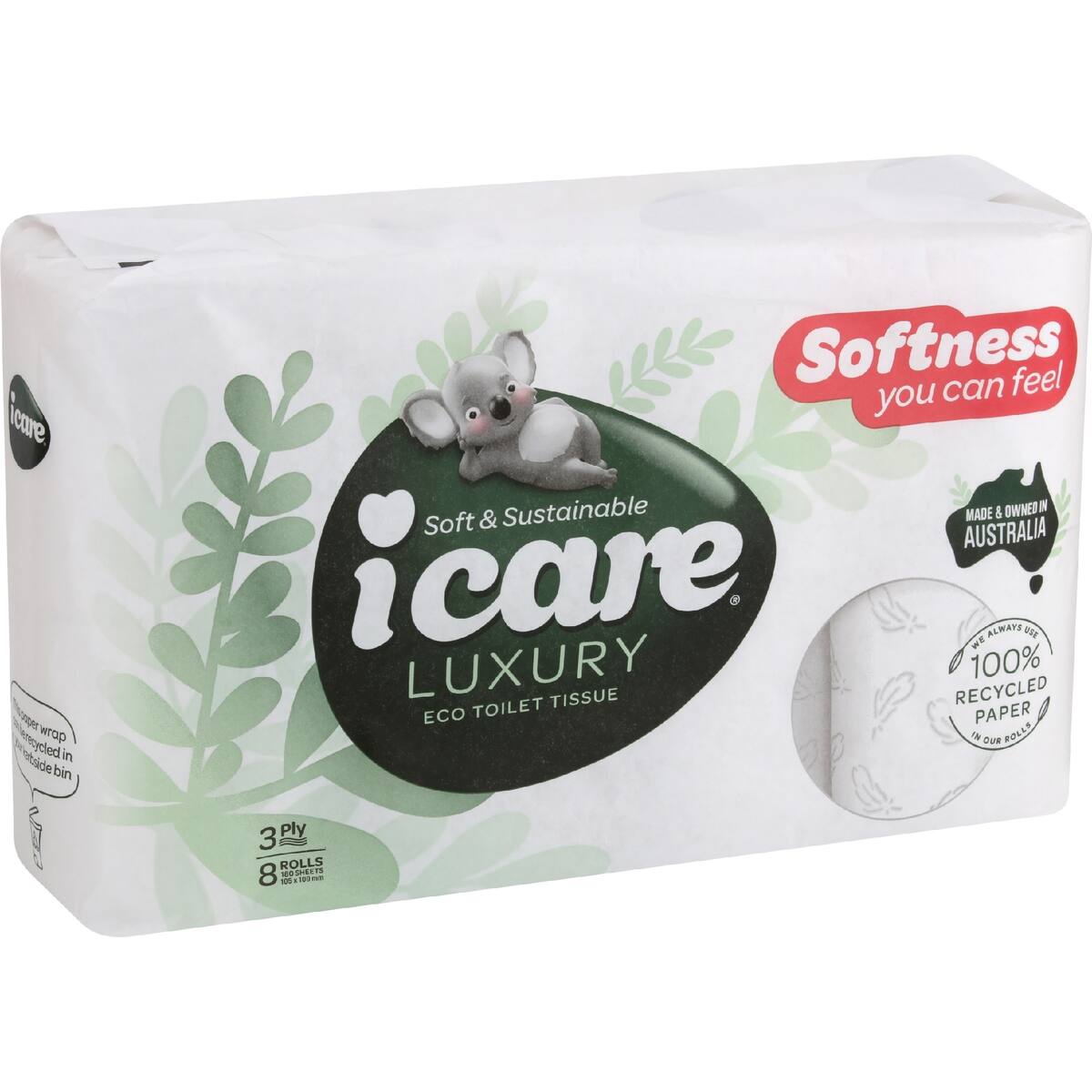 Icare 100% Recycled Luxury 3 Ply Toilet Tissue 8 Pack