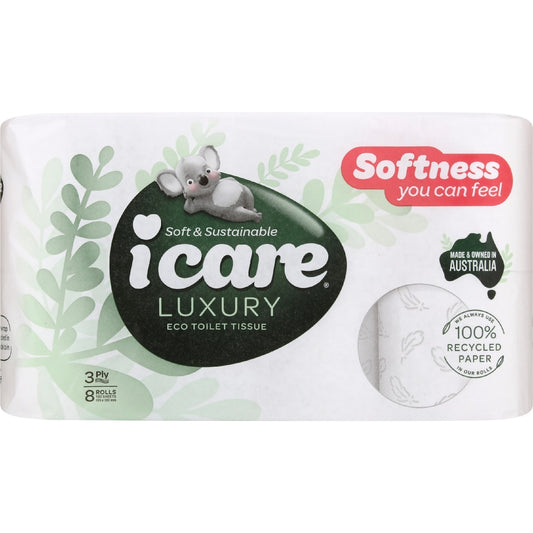 Icare 100% Recycled Luxury 3 Ply Toilet Tissue 8 Pack