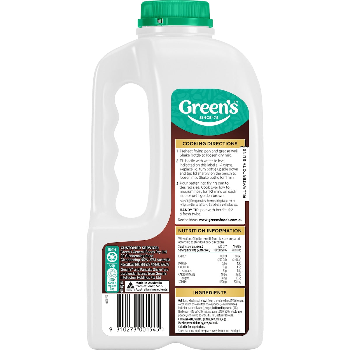 Green's Temptations Choc Chip Buttermilk Pancake Shake 335g