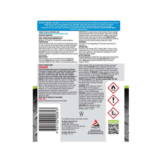 Dy-Mark Zinc Gal 400g Metal Primer Zinc Rich Grey Superior Protection
