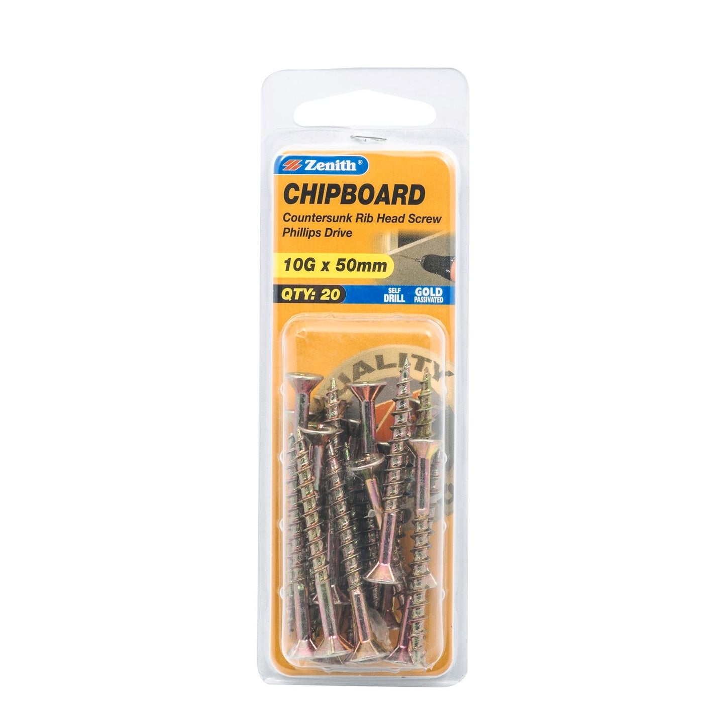 Zenith Countersunk Rib Head Chipboard Screws - 10g x 50mm - 20 Pack - Gold