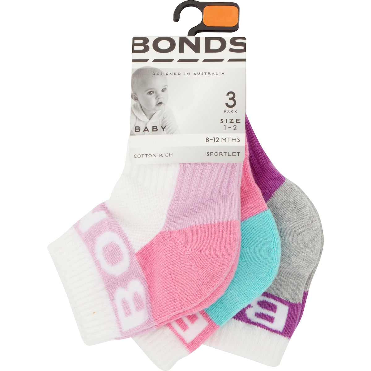 Bonds Baby Sportlet Socks Size 6-12m & 1-2y Assorted 3 Pack