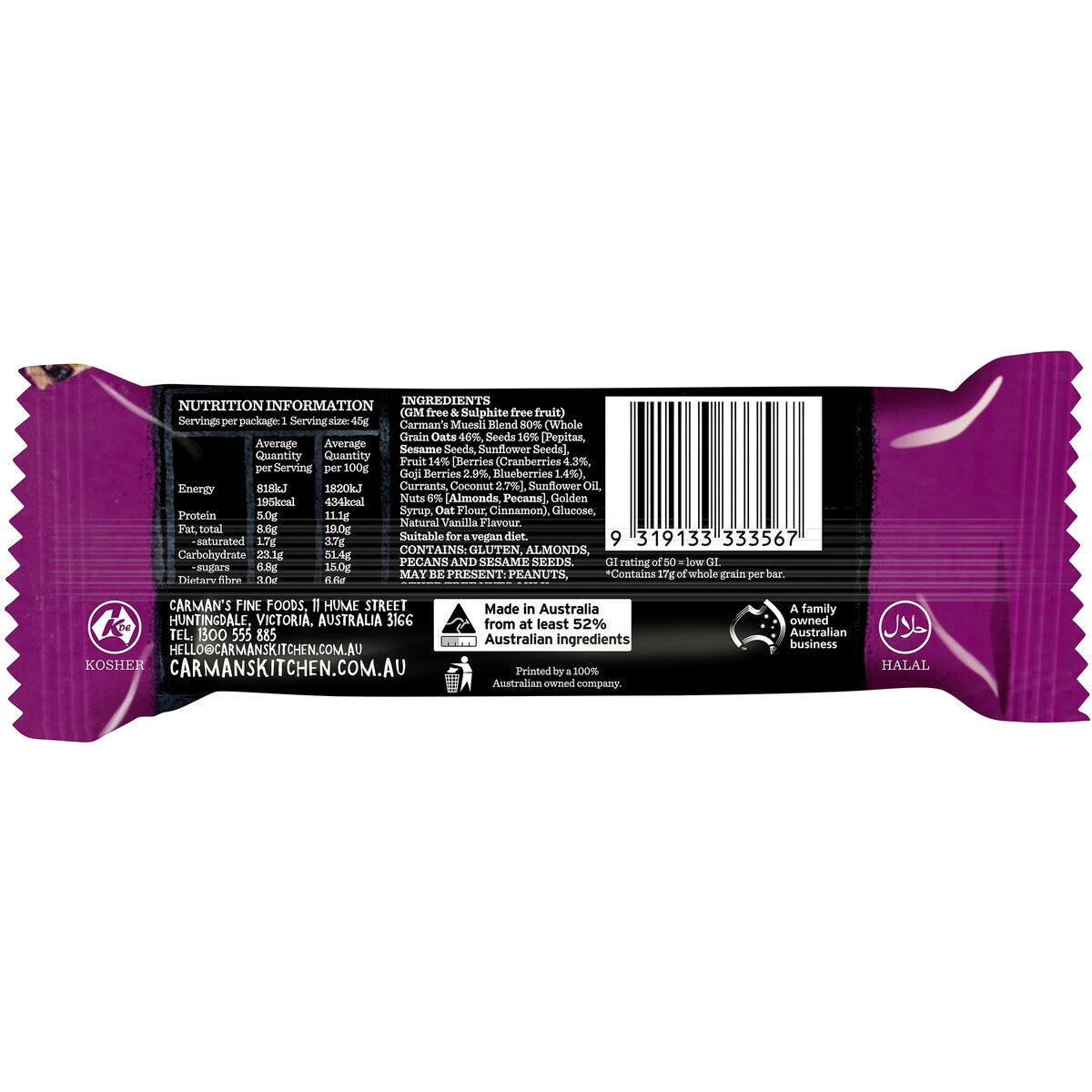 Carmans Muesli Bars SuperBerry, Cranberry, Blueberry & Goji 6 pack