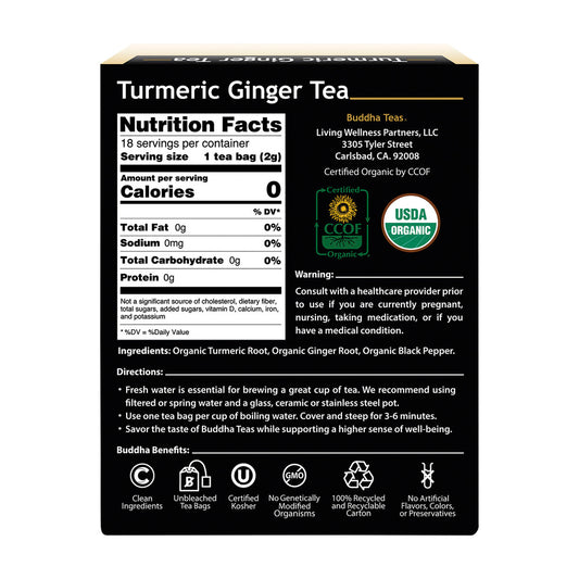 Buddha Teas Organic Herbal Tea Bags Turmeric Ginger Tea - 18 pack