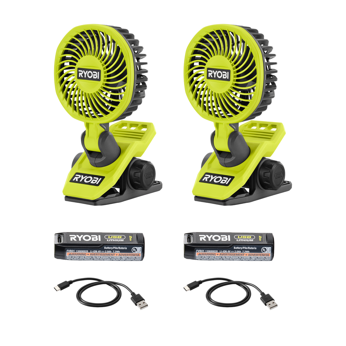 Ryobi USB Lithium Mini Clamp Fan Twin Pack - 2x 2.0Ah - 143mm x 241mm - Versatile Cooling