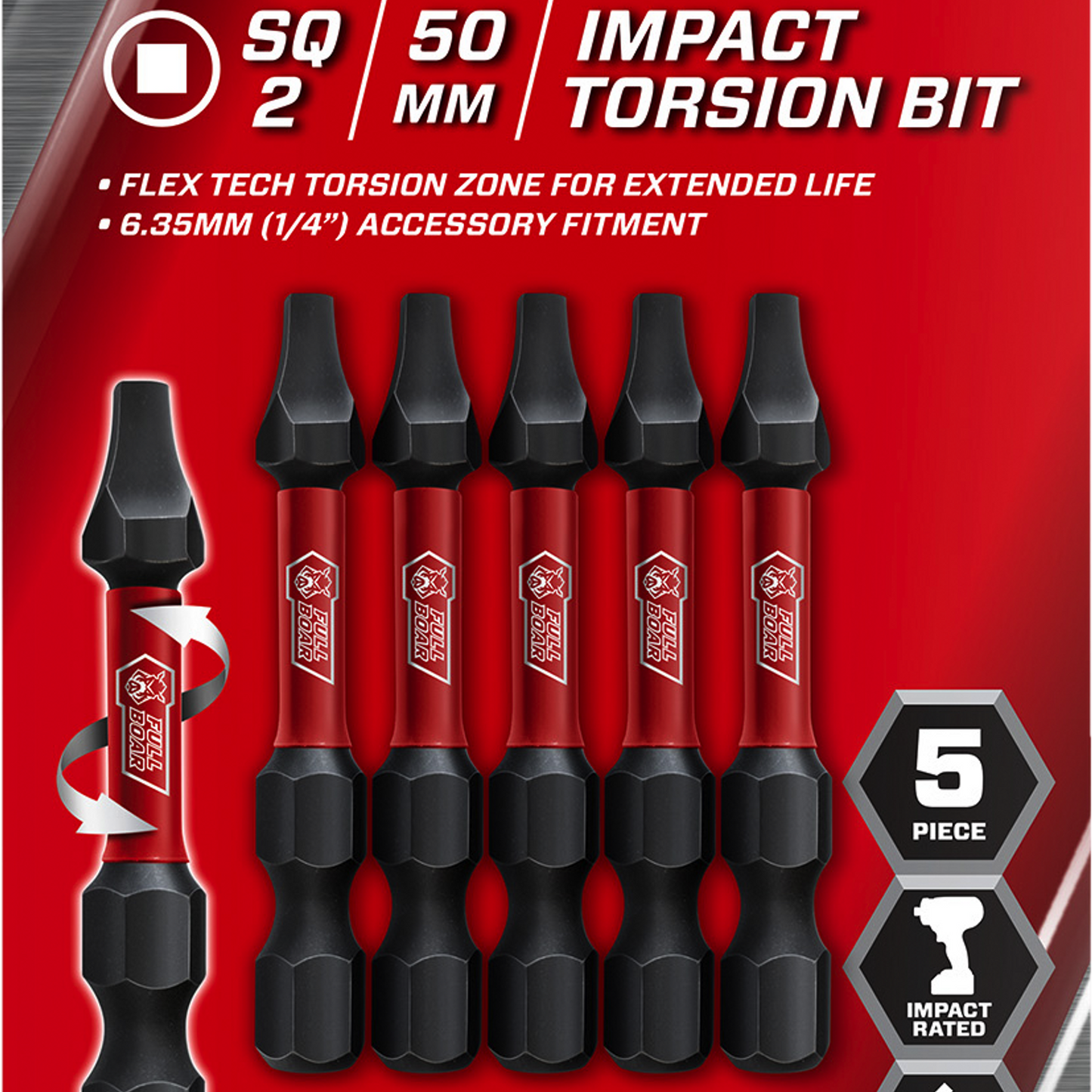 Full Boar Magnetic Impact Torsion Bit SQ2 x 50mm 4 Pack