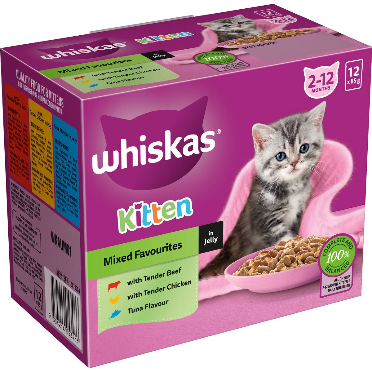 Whiskas Kitten 2-12 Months Wet Cat Food Mixed Favourites In Jelly 85g X 12 Pack