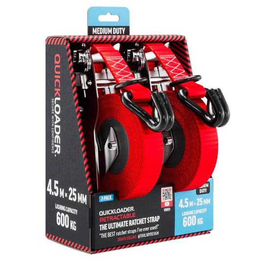 Quickloader Retractable Ratchet Strap Tie Down - 4.5m x 25mm - 600kg - 2 Pack