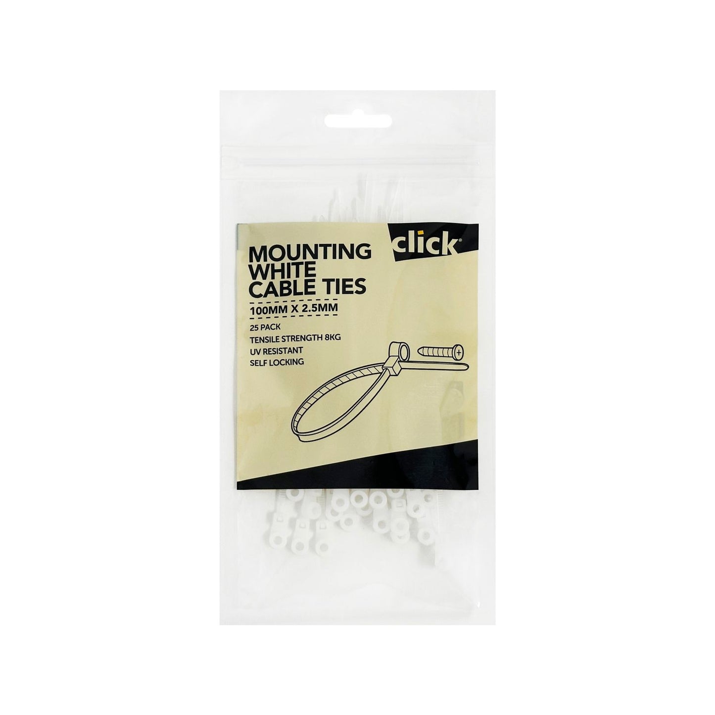Click Mounting Cable Tie - 100mm - 25 Pack - White