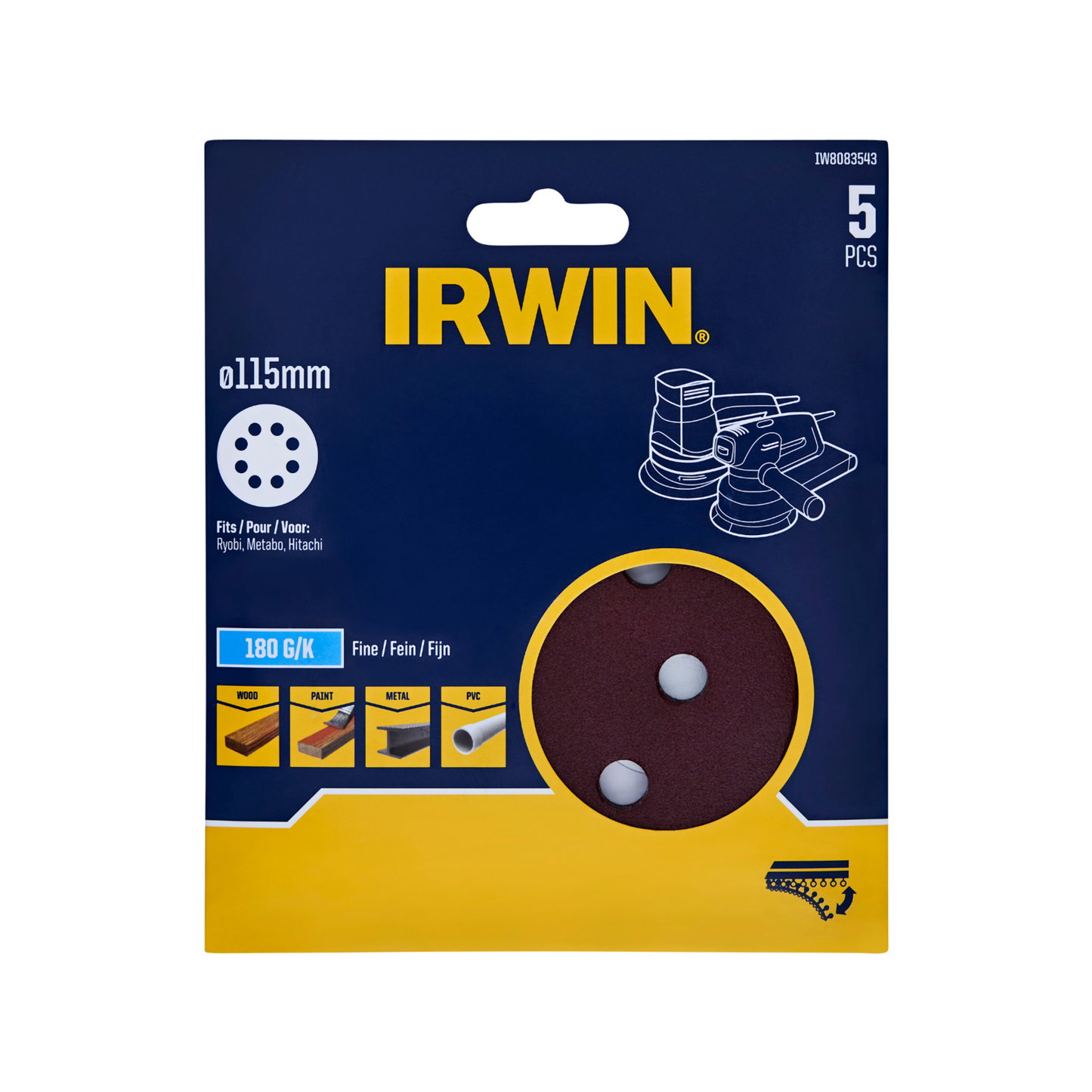 Irwin Quick Fit Random Orbital Sanding Disc - 115mm - 180 Grit - 5 Pack
