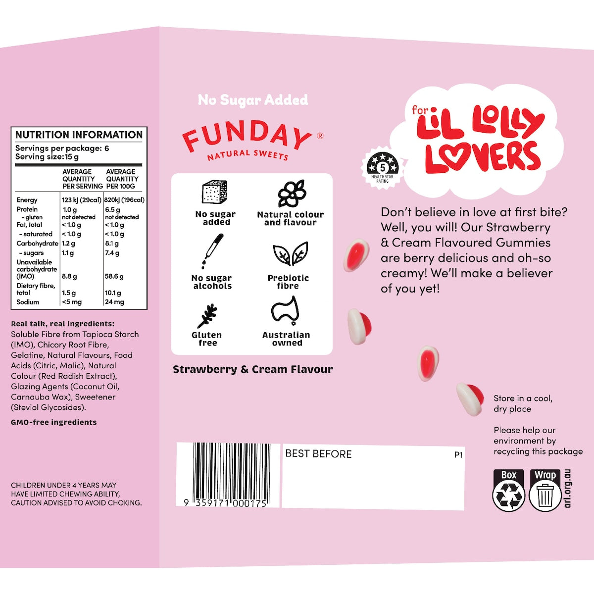 Funday Kids Flavoured Gummies Strawberry & Cream 15g X 6 Pack