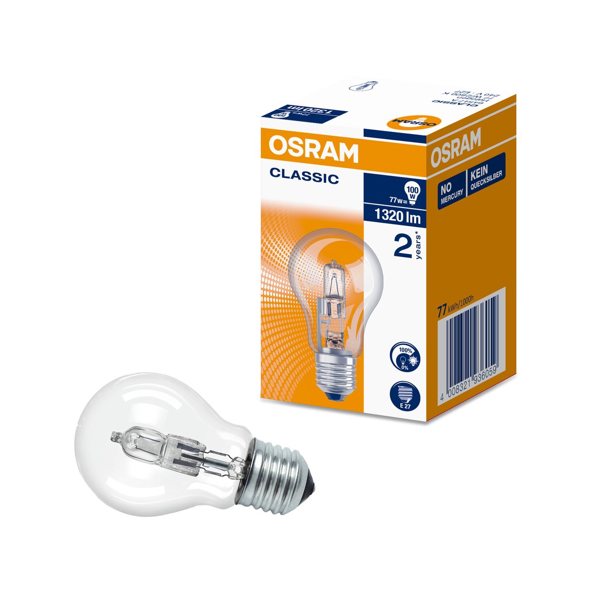 Osram 77W Halogen Light Globe E27 Clear Glass 1320 Lumens Warm White