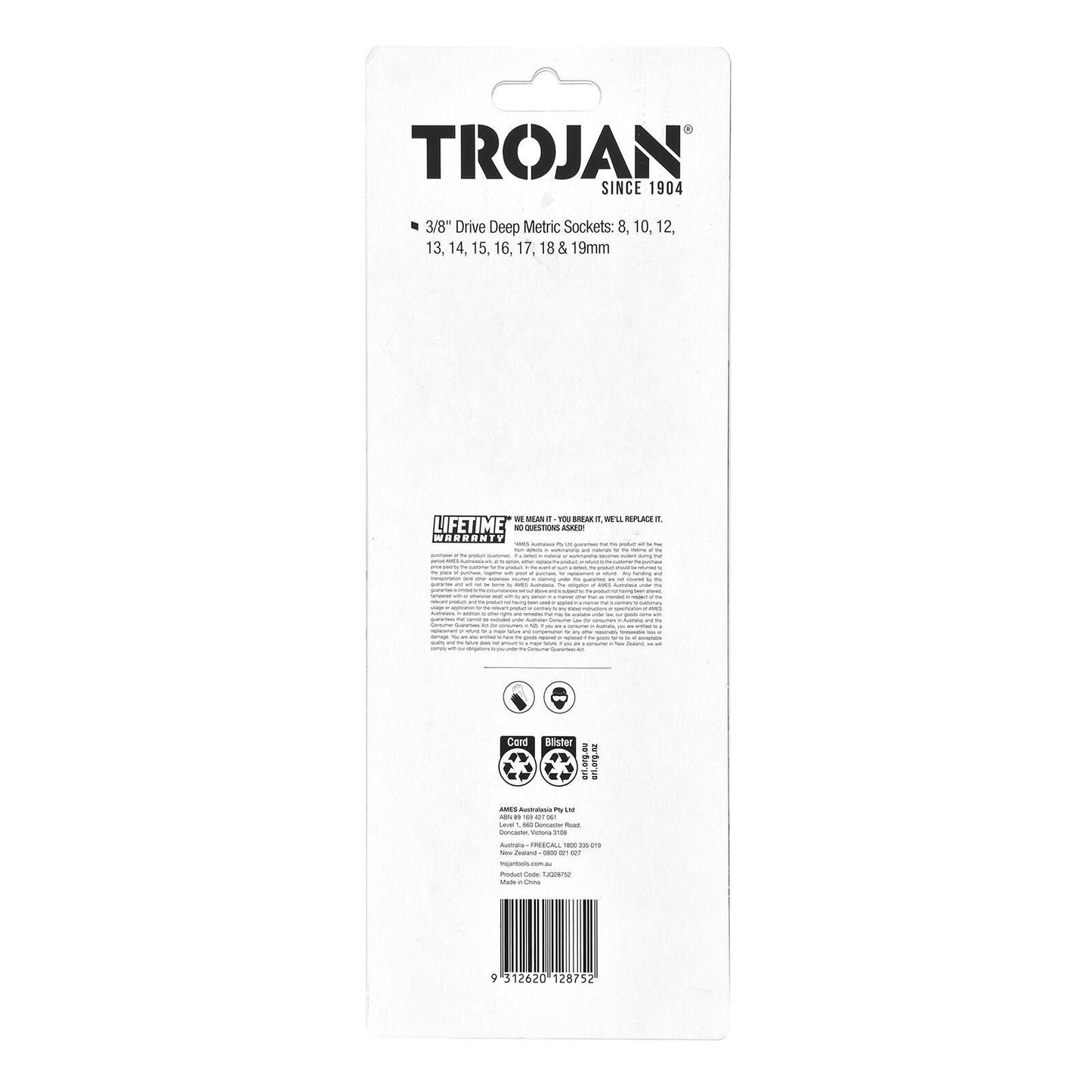Trojan Deep Socket Rail Set - 3/8" Drive - 8-19mm - 10 Piece