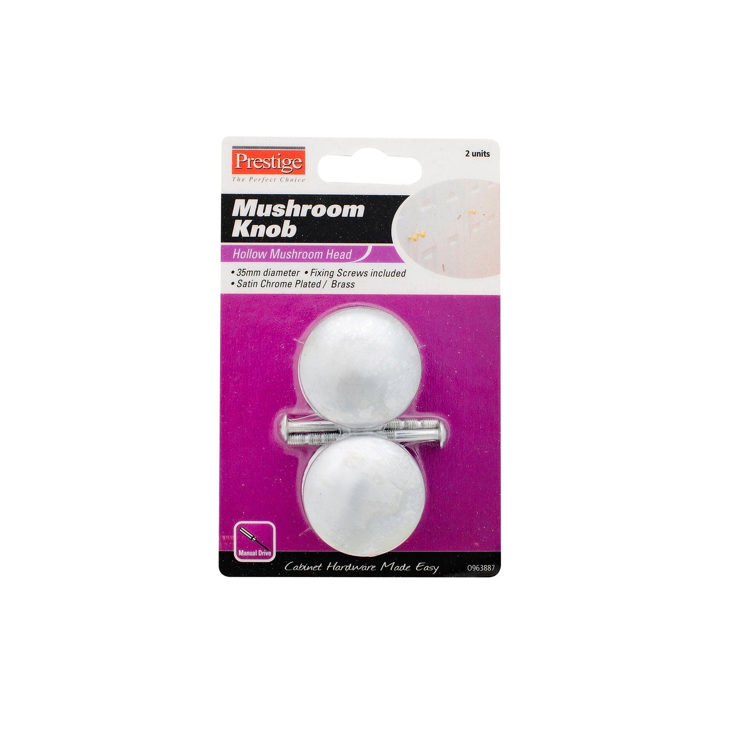 Prestige Mushroom Cupboard Knob - 35mm - Satin Chrome - 2 Pack
