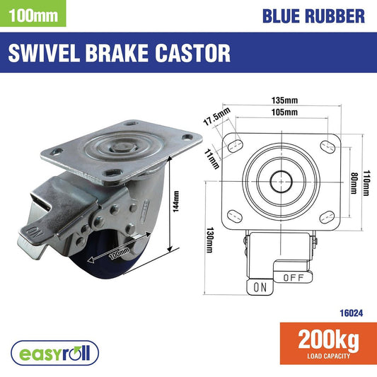 Easyroll Swivel Brake Castor - 100mm - Blue - Rubber - 200kg Load