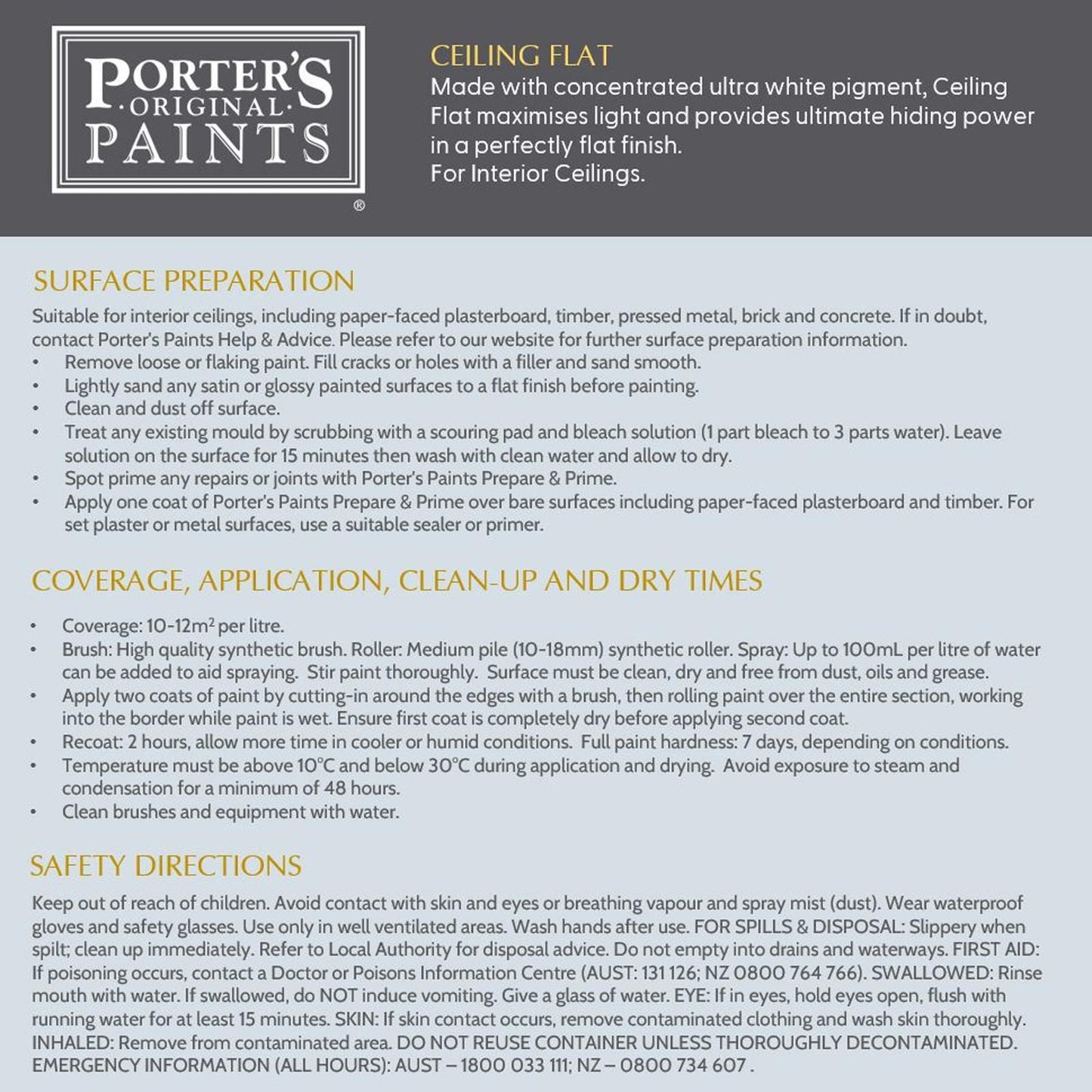Porter's Flat Ceiling Paint - 4L - White