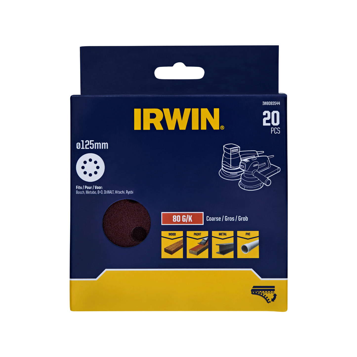 Irwin Quick Fit Random Orbital Sanding Discs - 125mm - 80 Grit - 20 Pack
