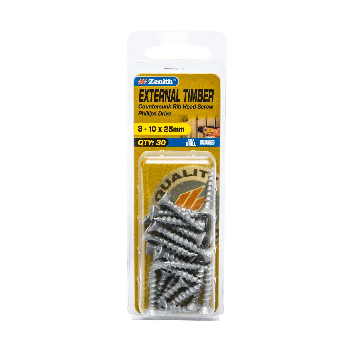 Zenith Timber Screws - 10 x 25mm - Galvanised Coarse - 30 Pack