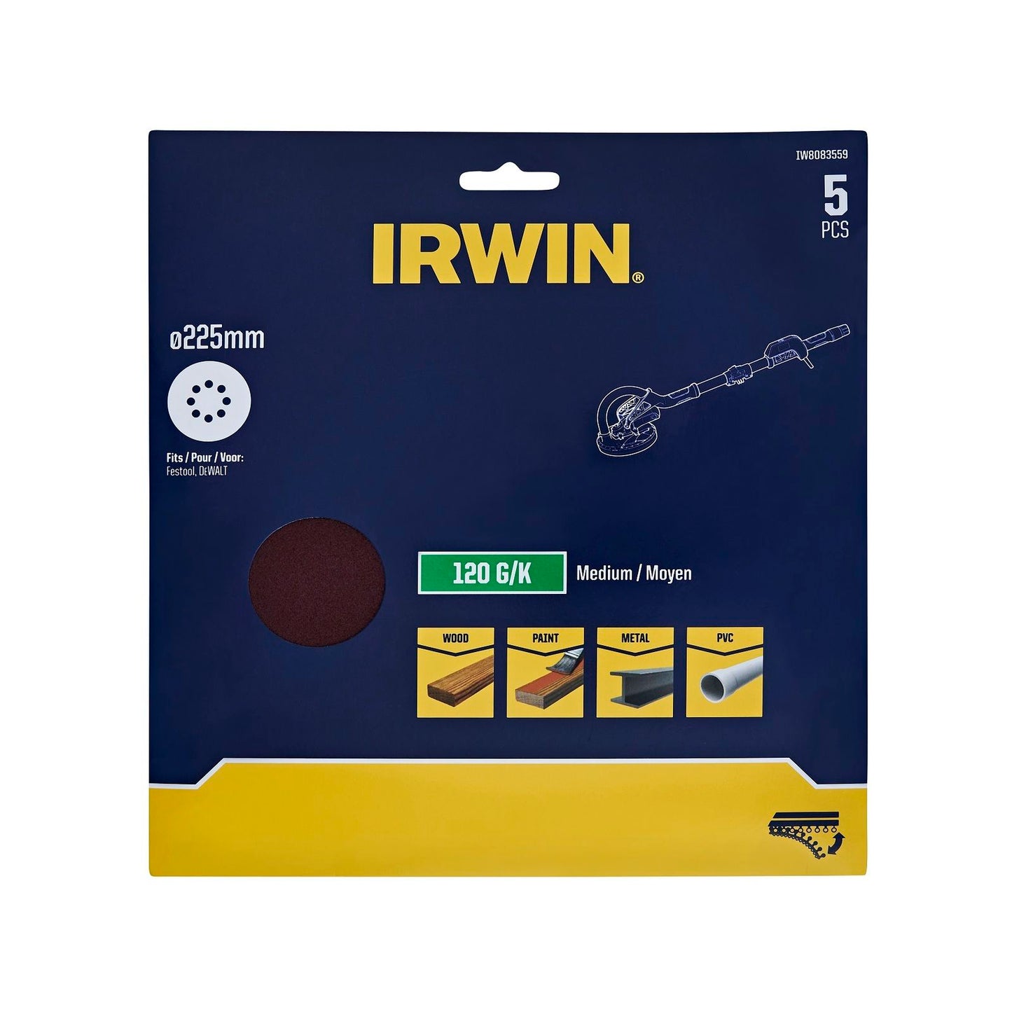 Irwin Quick Fit Drywall Discs - 225mm - 180 Grit - 5 Pack