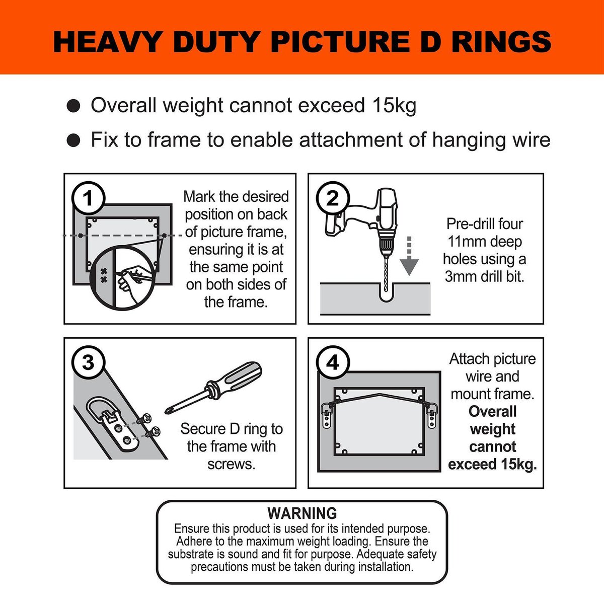 Everhang Heavy Duty Picture Hanging D Ring 15kg Zinc Plated 4 Pack