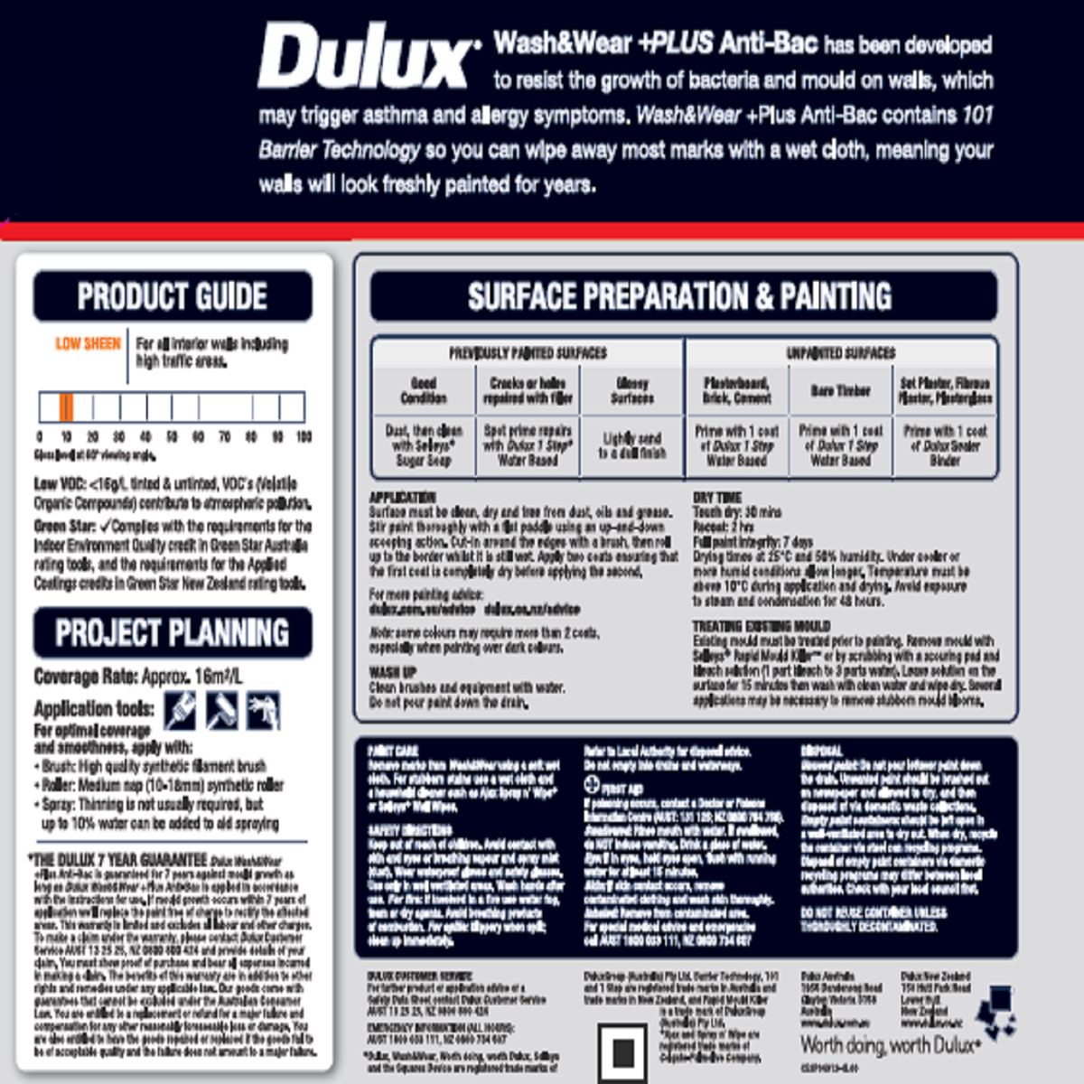 Dulux Interior Paint - 1L - Wash&Wear - Low Sheen - Vivid White