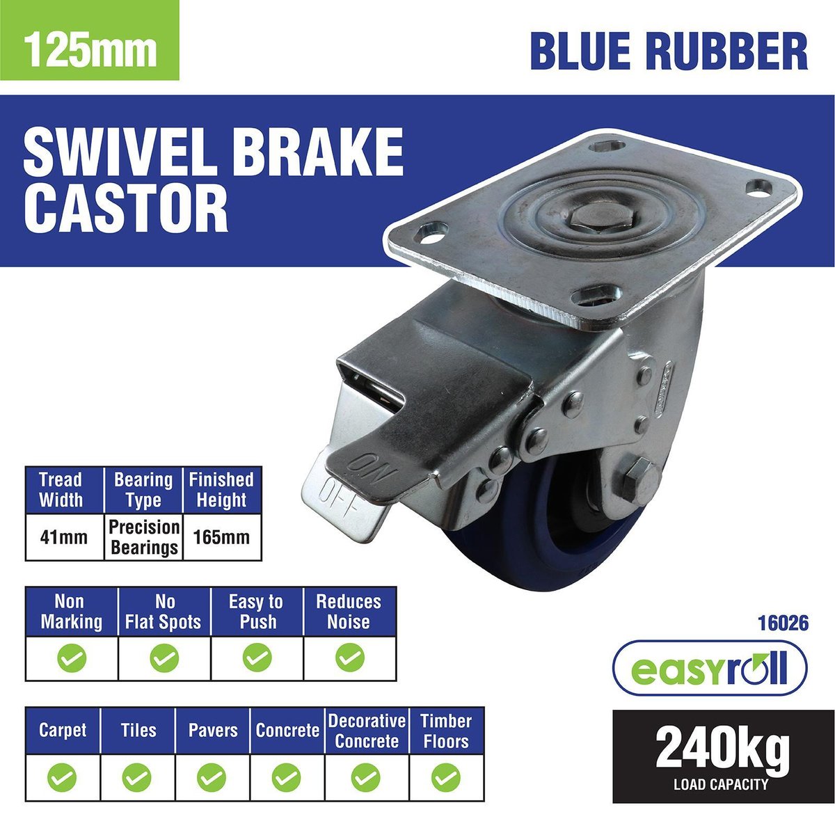 Easyroll Castor - 125mm - Blue Elastic Rubber - Non-Marking - 240kg Load