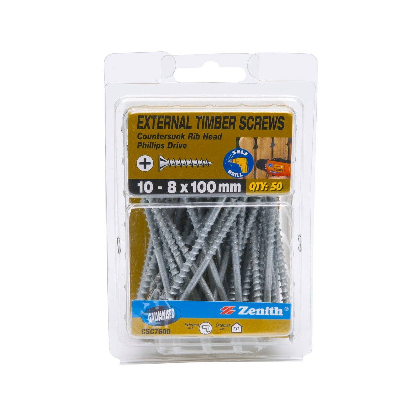 Zenith Timber Screws - 10 x 100mm - Galvanised Ribbed - 50 Pack