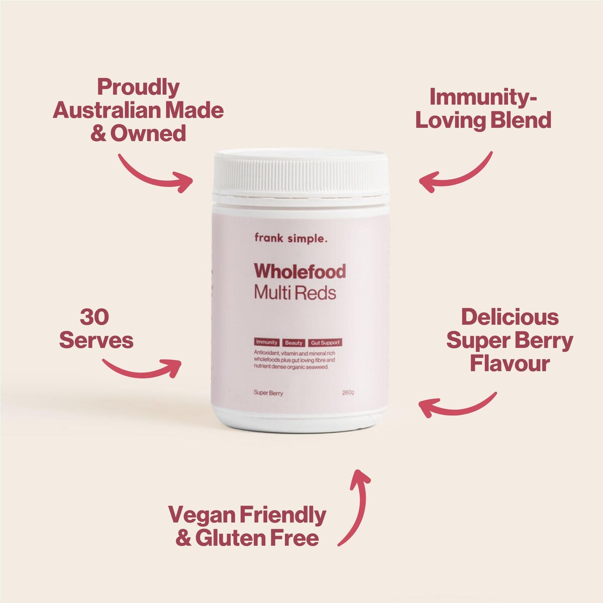 Frank Simple. Wholefood Multi Reds Super Berry 260g
